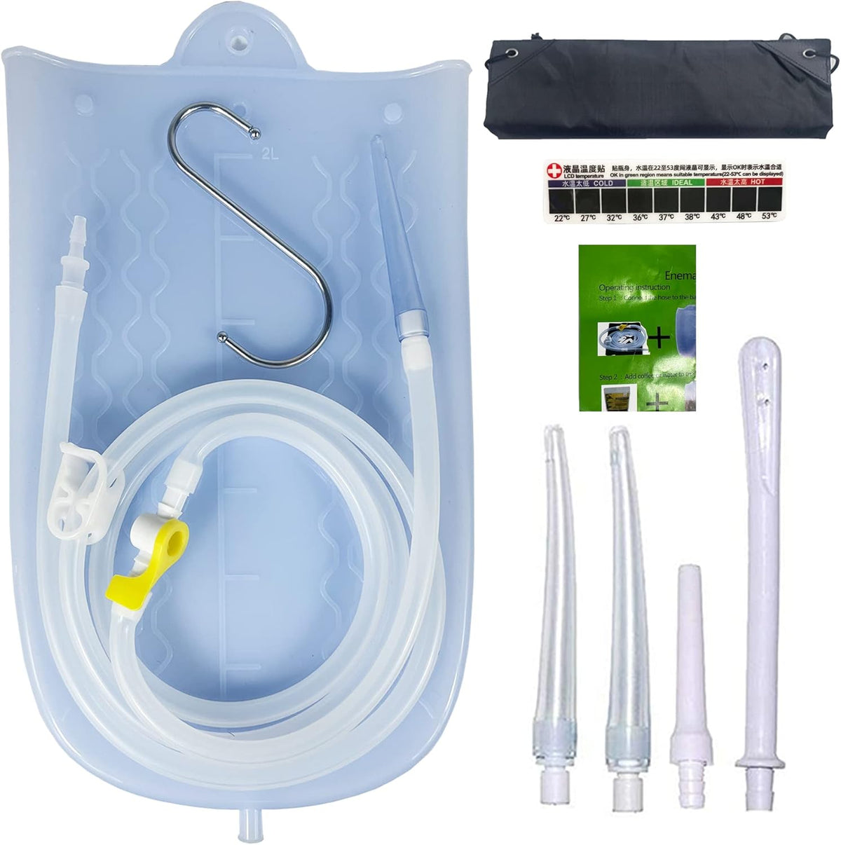 GNEGKLEAN Silicone Enema Bag Kit front view showing translucent 2-quart bag and accessories.