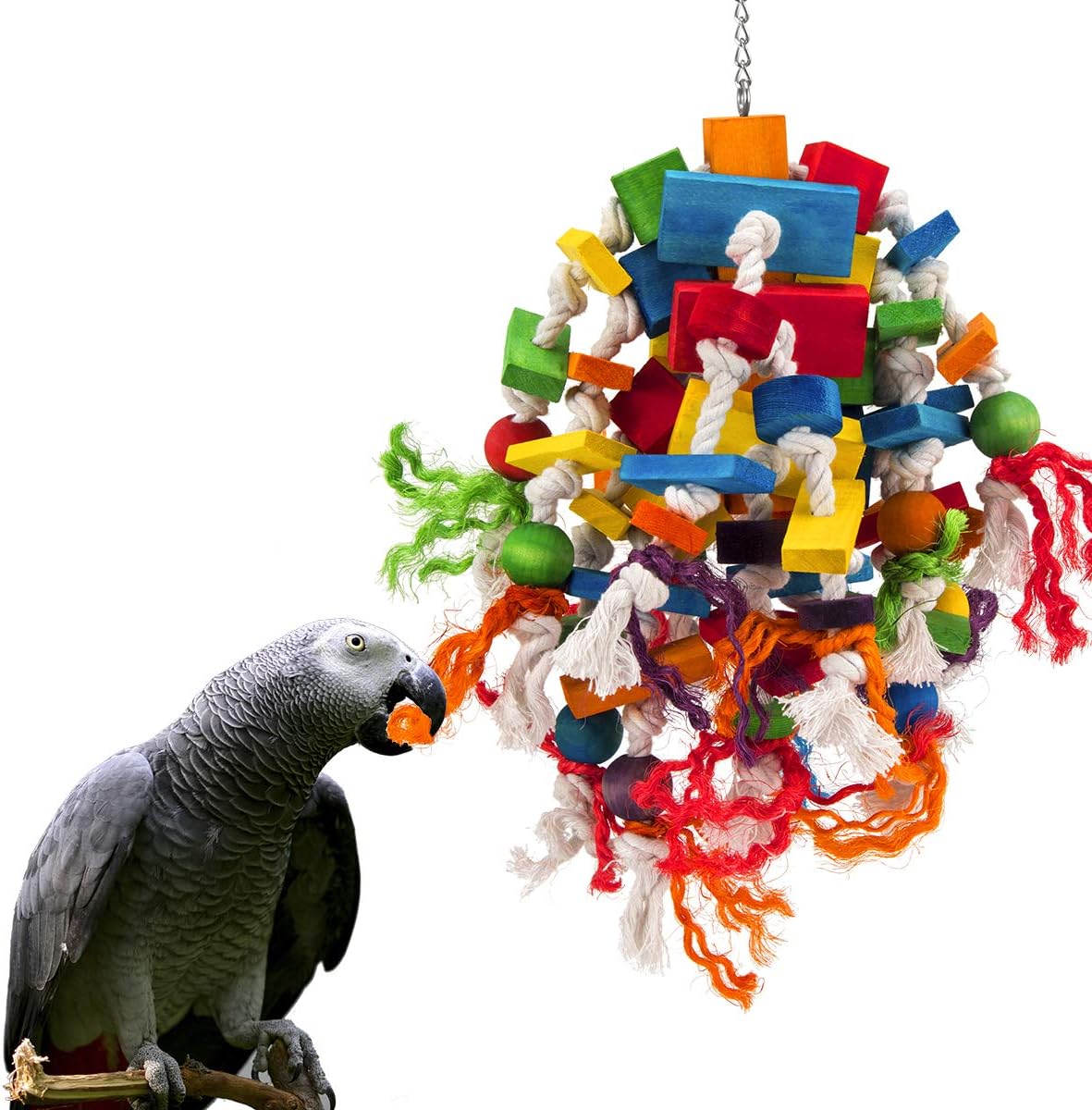Full scale view of Mewtogo bird toy for African Grey parrots