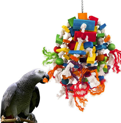Packaging view of the authentic USA imported MEWTOGO extra large bird chew toy for Amazon and Cockatoo parrots
