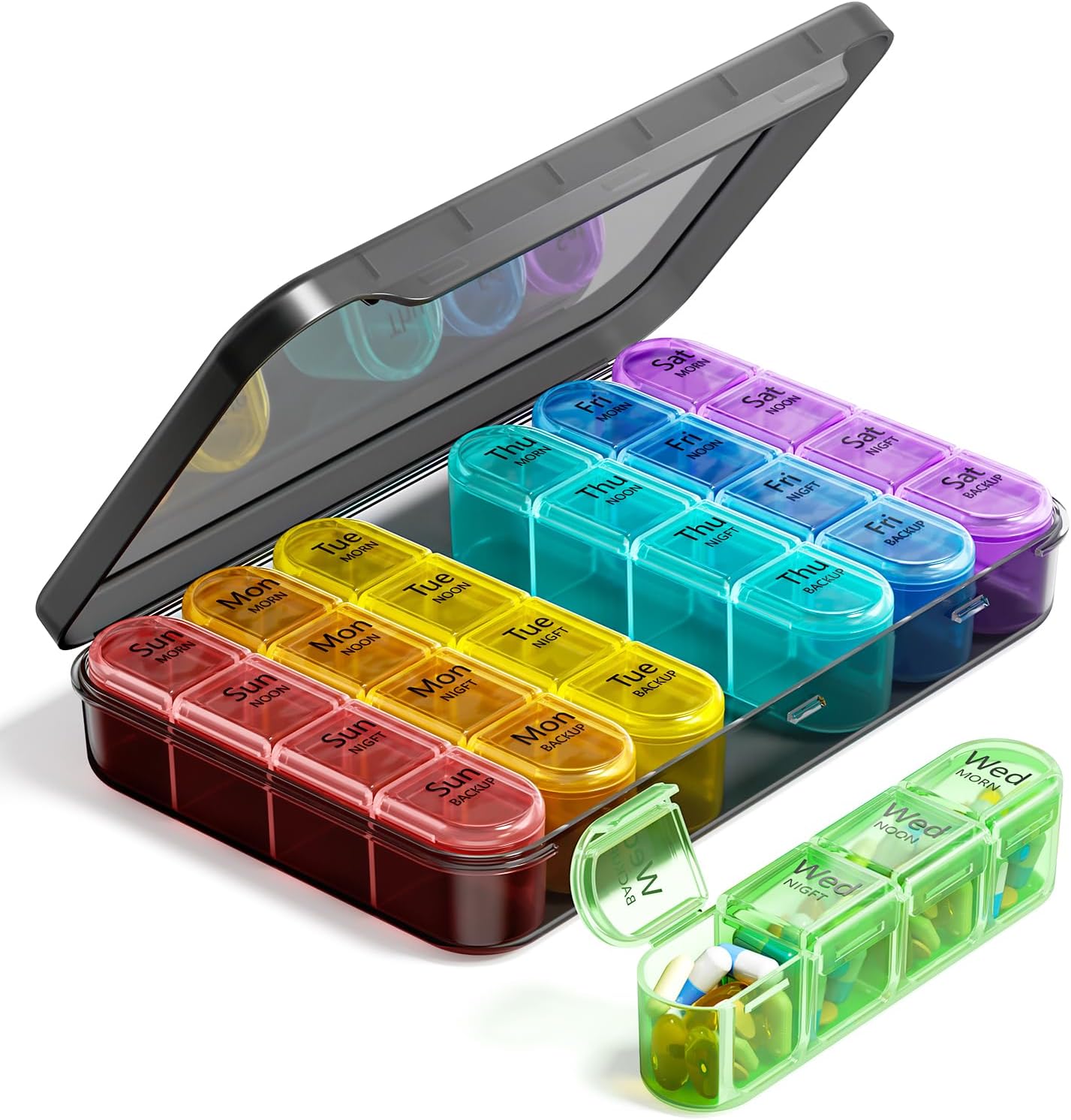 Odaro weekly pill organizer front view showing 28 color coded daily medication compartments