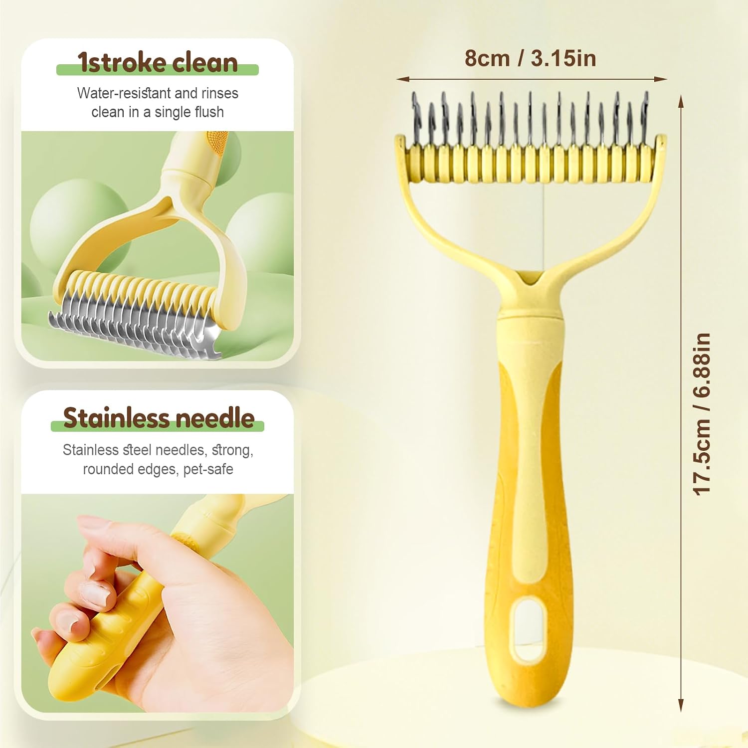 Fiopet undercoat deshedding rake for long-haired pets displayed on a clean background.