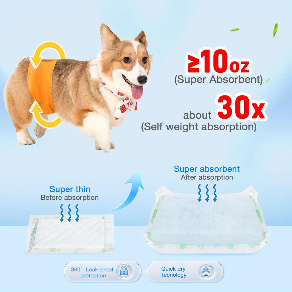 Disposable dog diaper booster pads laid out showing the 5 layer leak proof construction.