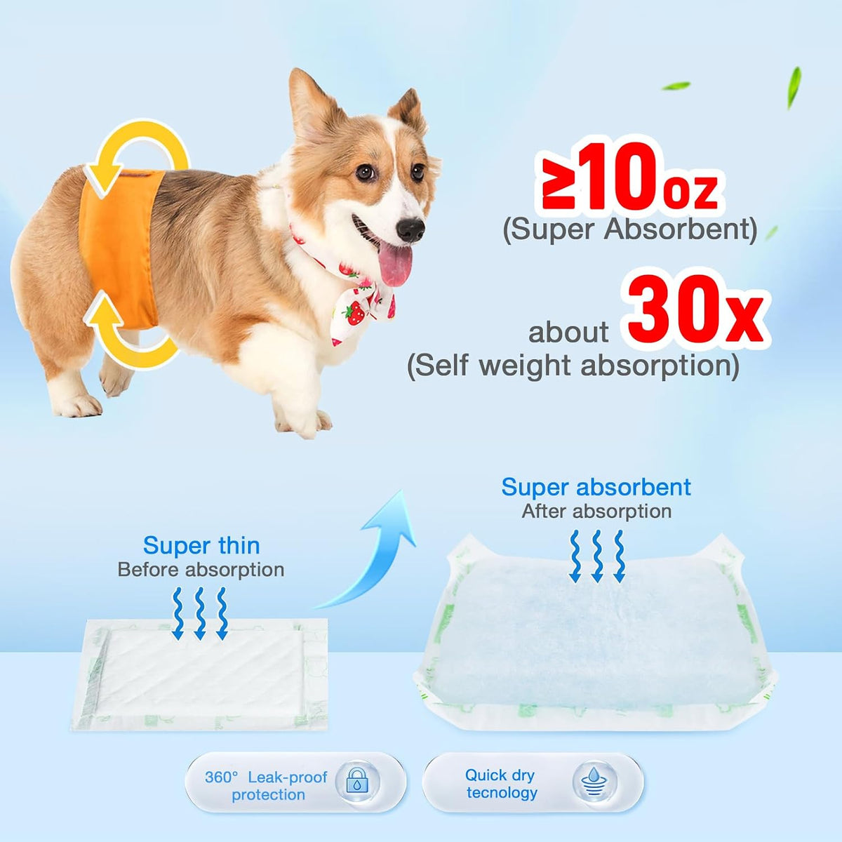 Disposable dog diaper booster pads laid out showing the 5 layer leak proof construction.