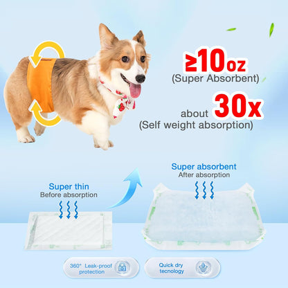 Disposable dog diaper booster pads laid out showing the 5 layer leak proof construction.