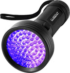 Waterproof IP44 rated GLOSSDAY blacklight torch with its attached wrist strap on a dark background.