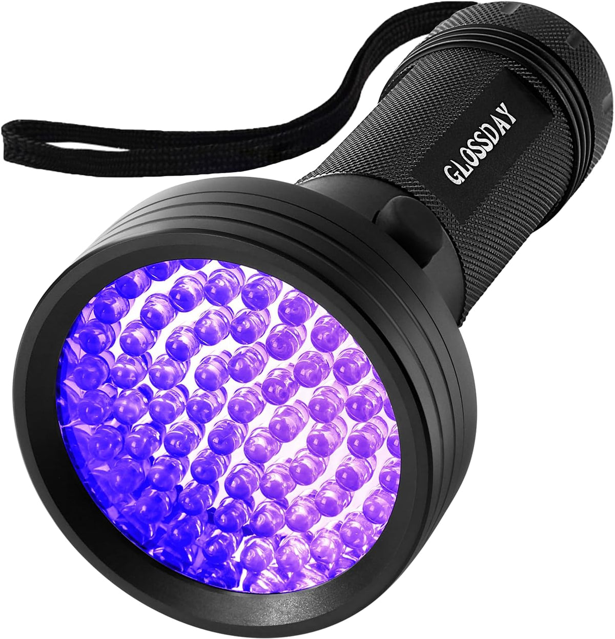 Waterproof IP44 rated GLOSSDAY blacklight torch with its attached wrist strap on a dark background.