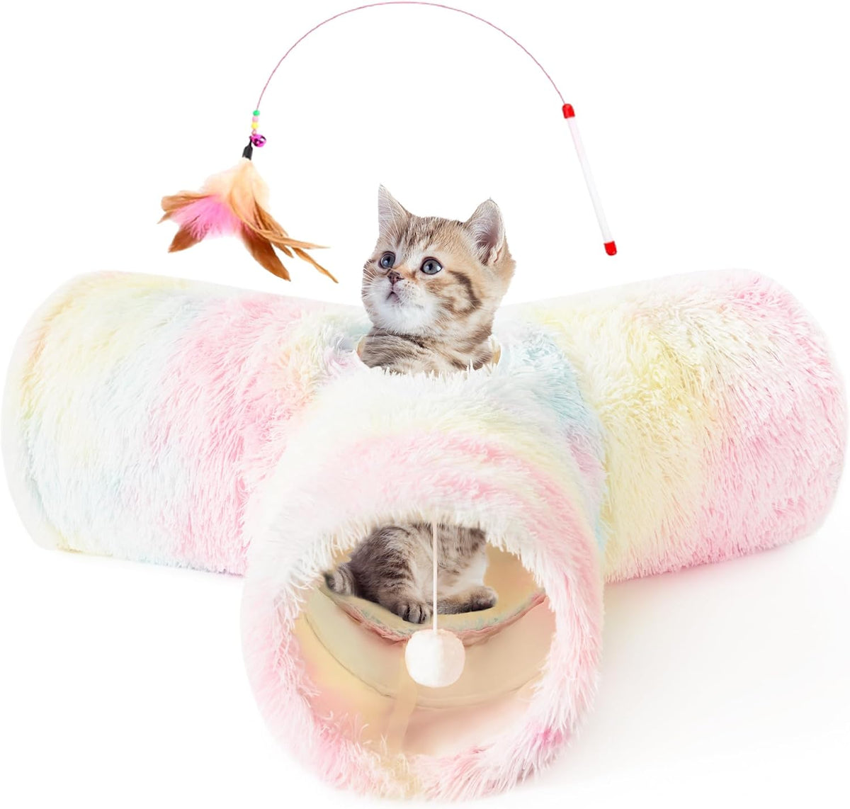 Tempcore Pet Cat Tunnel Tube Toys 3 Way Collapsible, Tunnels for Indoor Cats, Interactive Tube with Teaser Wand, Peek Holes & Hanging Ball, Black & Blue - Image 13