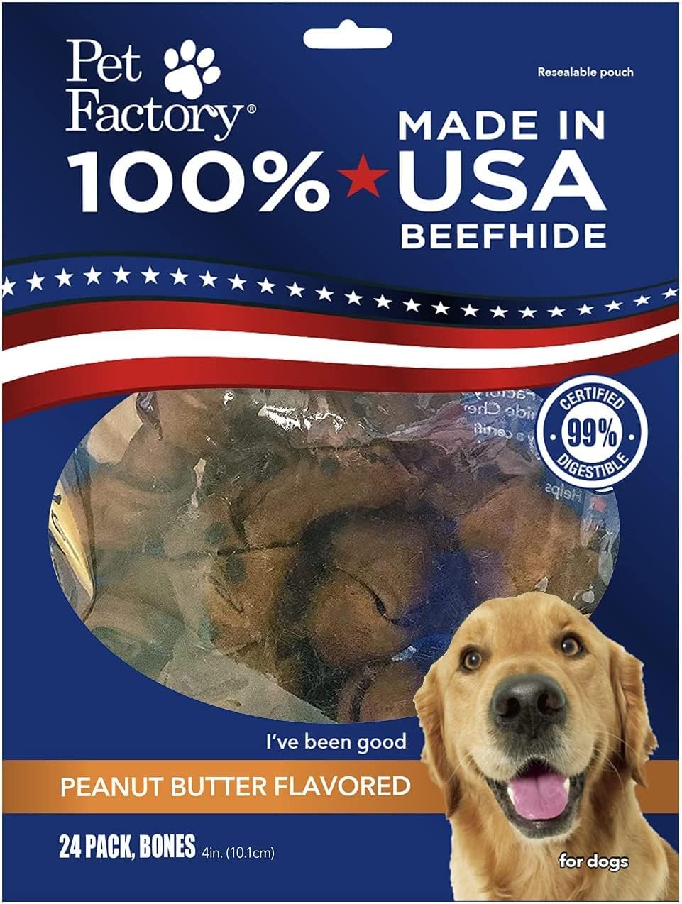 Authentic Pet Factory imported dog snack bones displaying Global Food Safety Initiative seal
