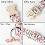 Adjustable floral dog collar on dog neck view