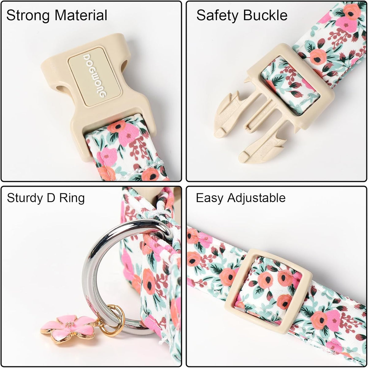 Adjustable floral dog collar on dog neck view