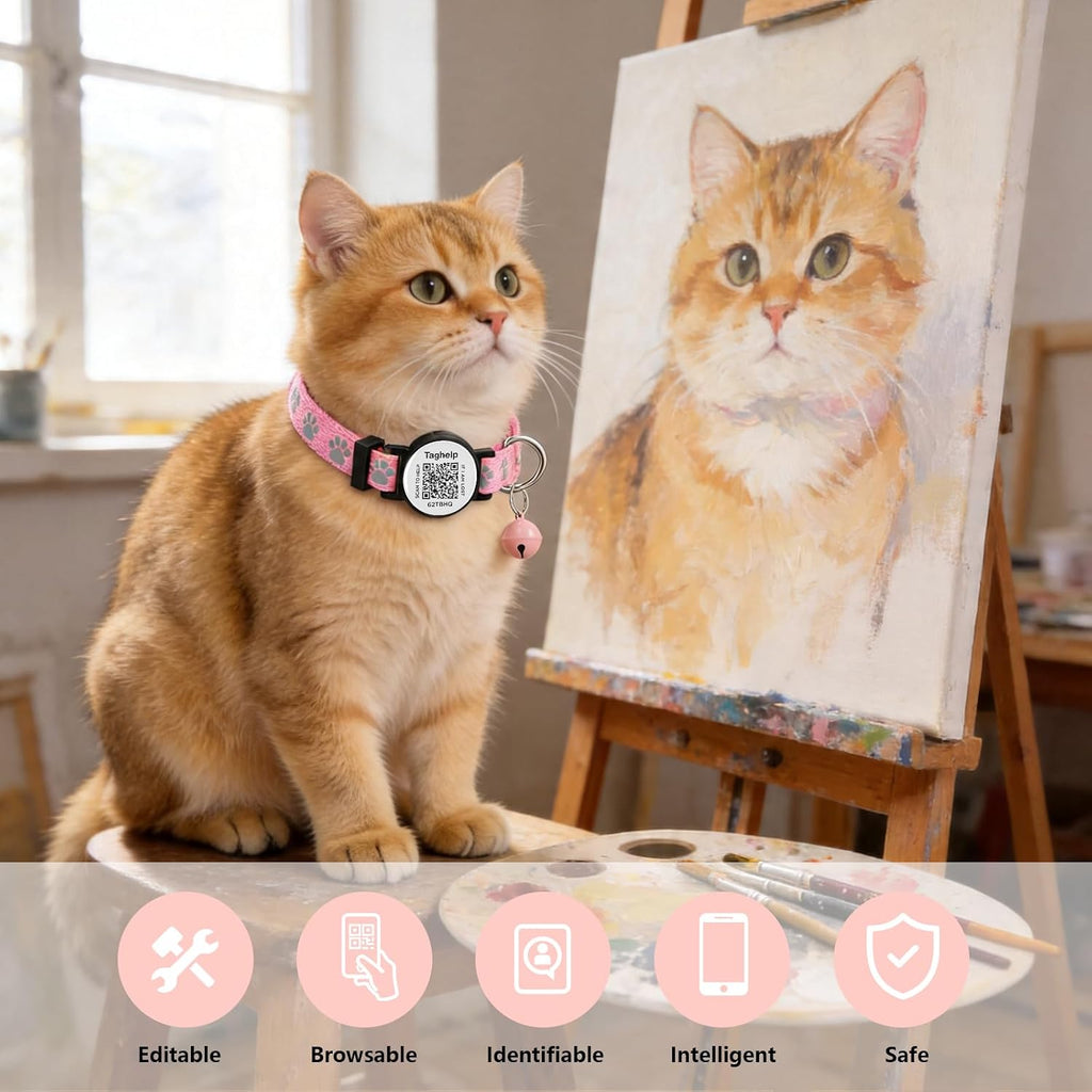 An indoor outdoor cat wearing the authentic pink Taghelp breakaway collar safely.