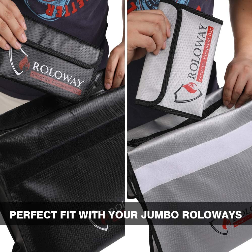 ROLOWAY portable fireproof pouch size comparison with everyday travel essentials.