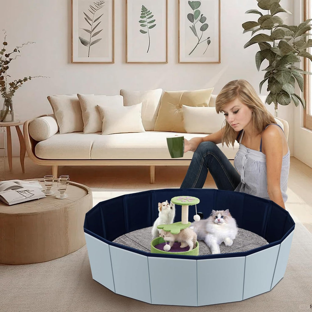 Multipurpose grey cat bath pool being used indoors as a kitten playpen