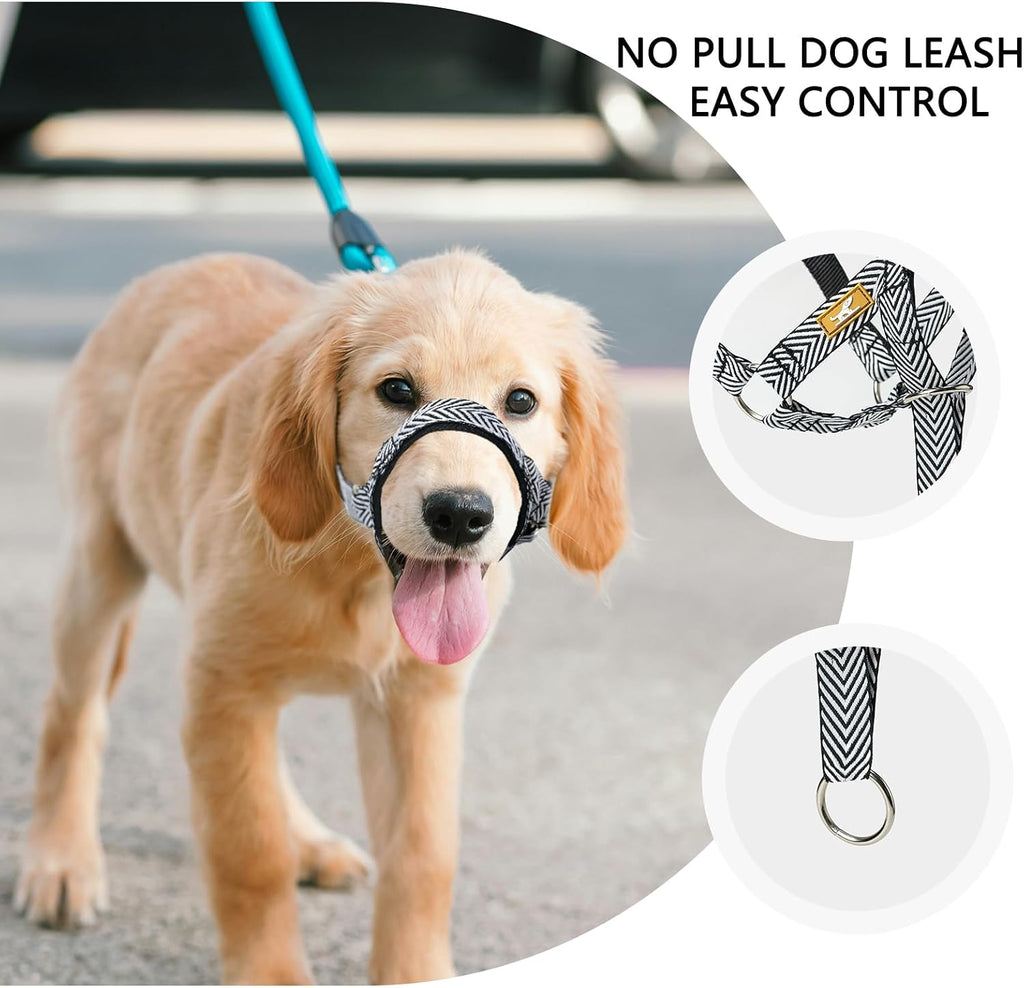 Side view of the secure padded muzzle strap on a large breed dog