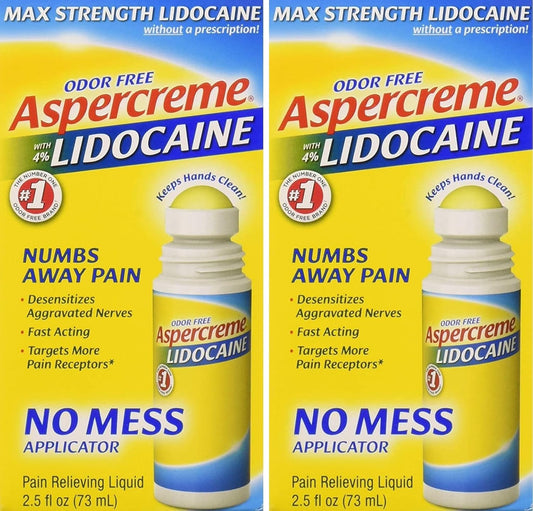 Aspercreme maximum strength lidocaine pain relief liquid roll on front view for muscle ache relief