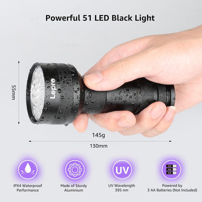 Water resistant IPX4 rated Lepro UV flashlight demonstrating its rugged outdoor build.