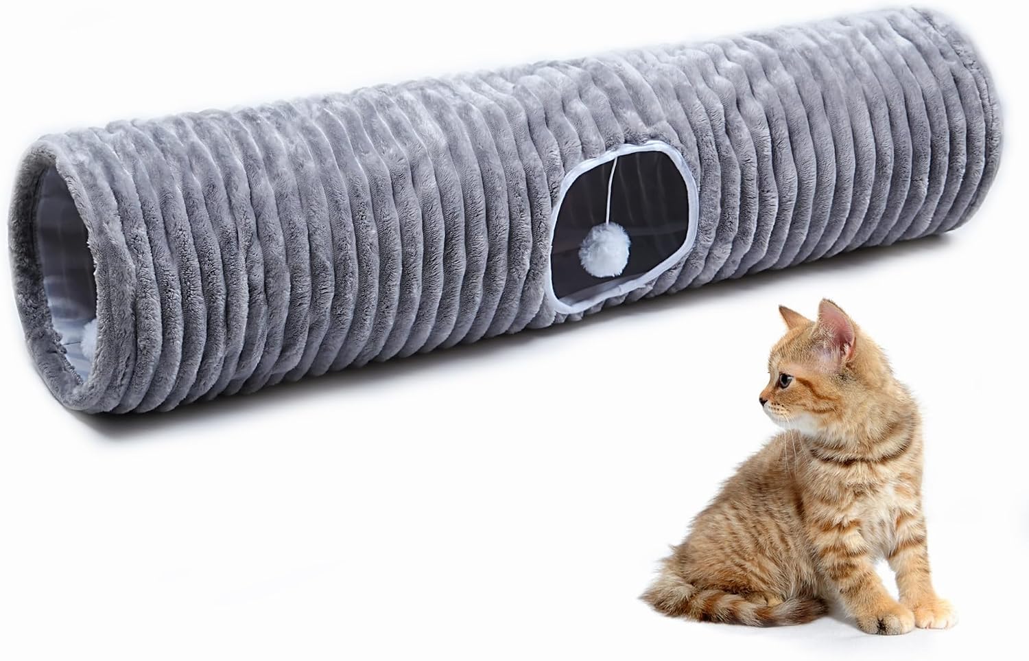 Durable cat hideaway tube with white stripe patterning placed on a home living room floor.