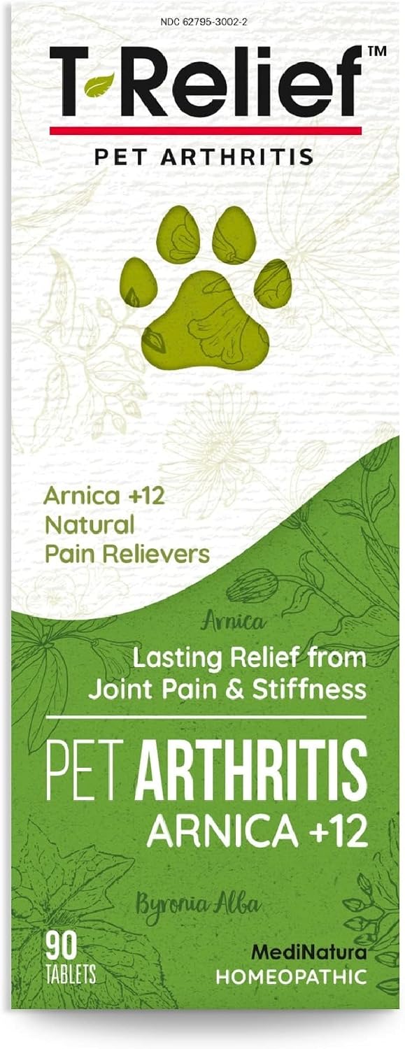 MediNatura T-Relief Pet Arthritis ninety tablets holistic wellness bottle close up