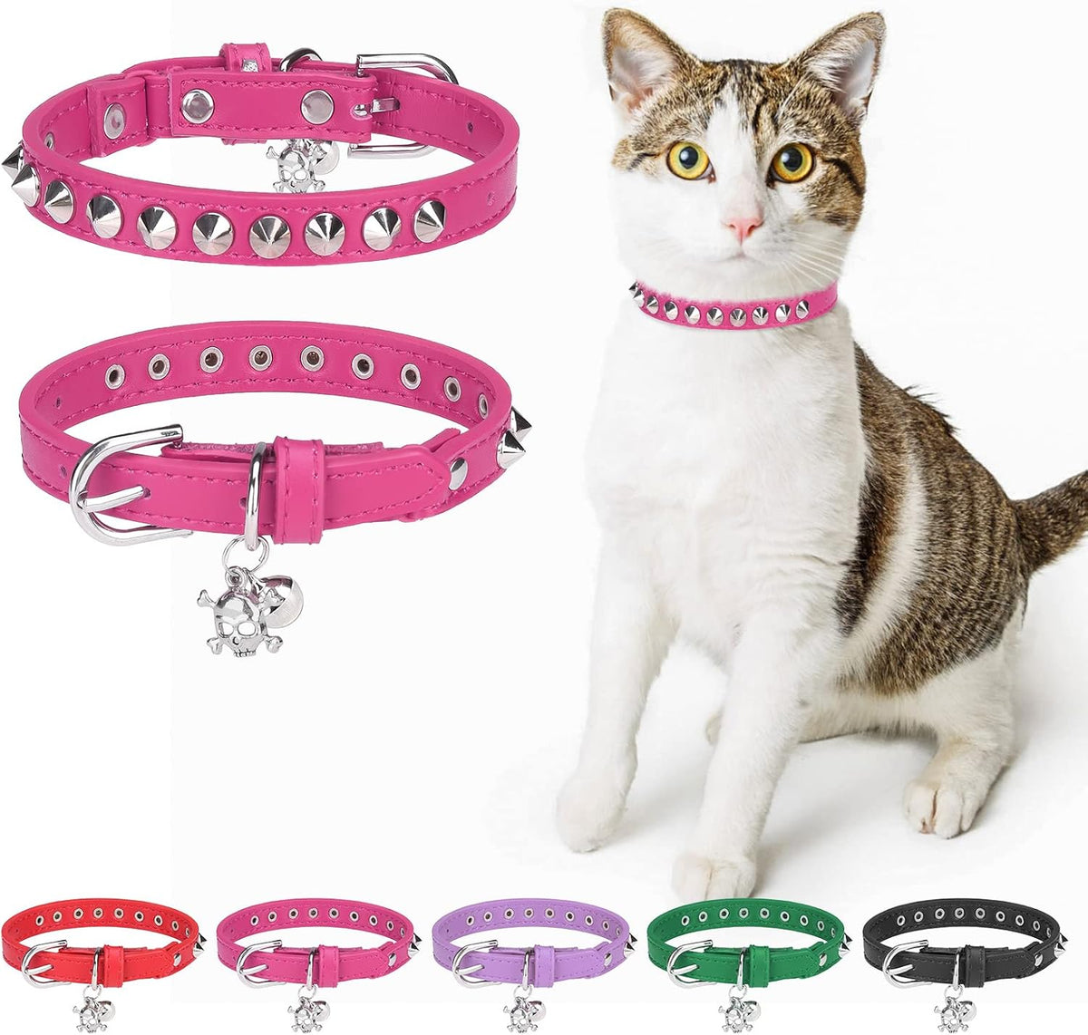 Leather Cat Collars for Boy Girl Cats with Bell and Safety Elastic Belt, Personalized Rivets Stud Adjustable Safe Buckle Collar with Skull Charm for Kitty Small Pets, Black 7"-9" - Image 15
