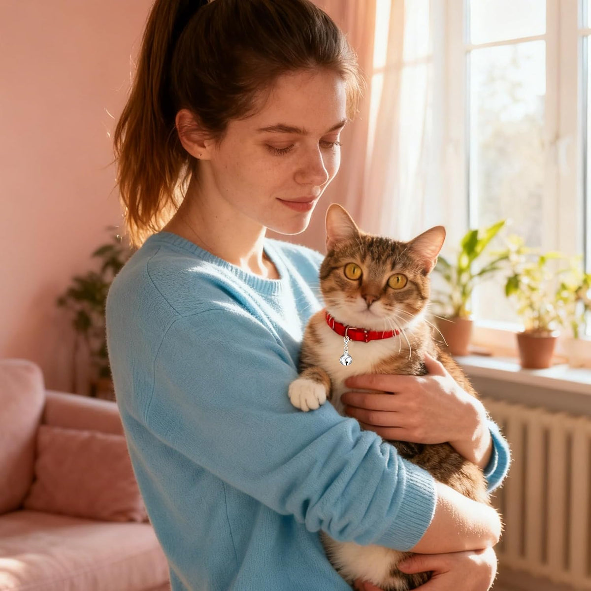 Multi purpose colorful metal bells with clasps being attached to a kitten collar ring