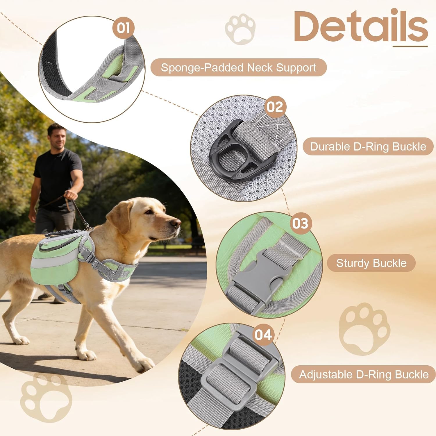 Waterproof green dog hiking backpack with reflective safety stripes