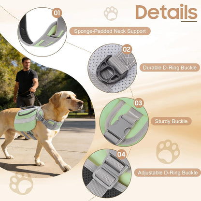Waterproof green dog hiking backpack with reflective safety stripes