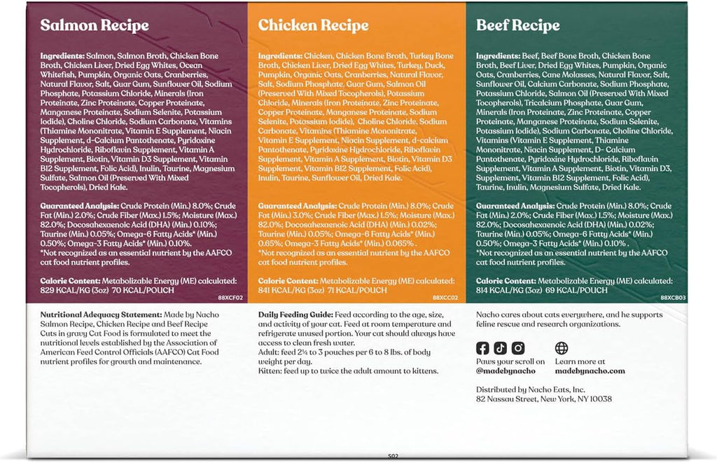 Sustainably caught salmon cuts in gravy wet cat food pouch nutrition label details.