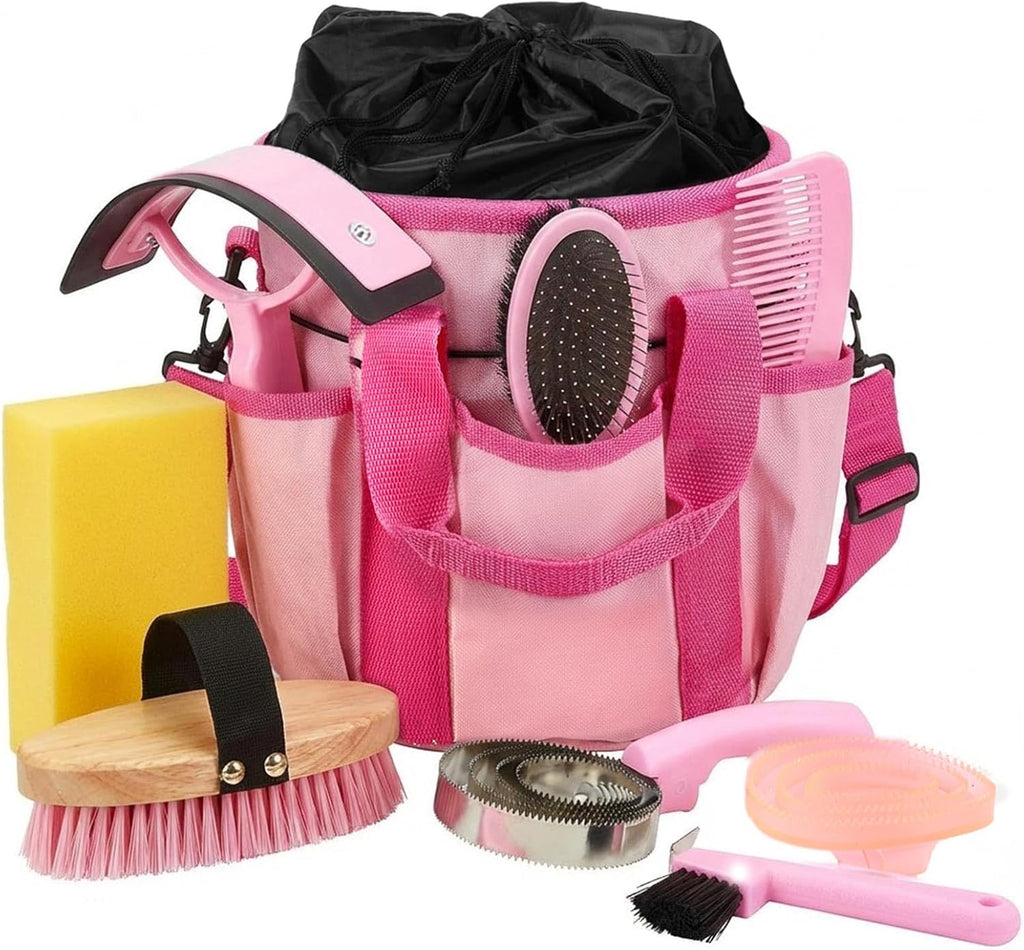 Cunhill 9 Pcs Horse Grooming Kit Tack Room Supplies Set with Tote Bag, Oval Massage Curry, Hard and Soft Brush, Hoof Pick, Sweat Scraper, Bathing Sponge, Comb for Horse Rider(Cute,Blue) - Image 14