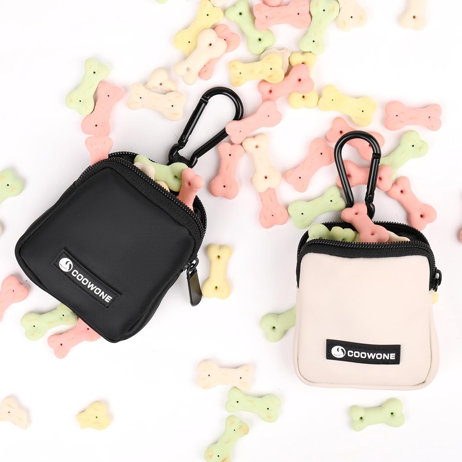 Coowone waterproof small pet training bag clipped onto a dog leash via metal carabiner.