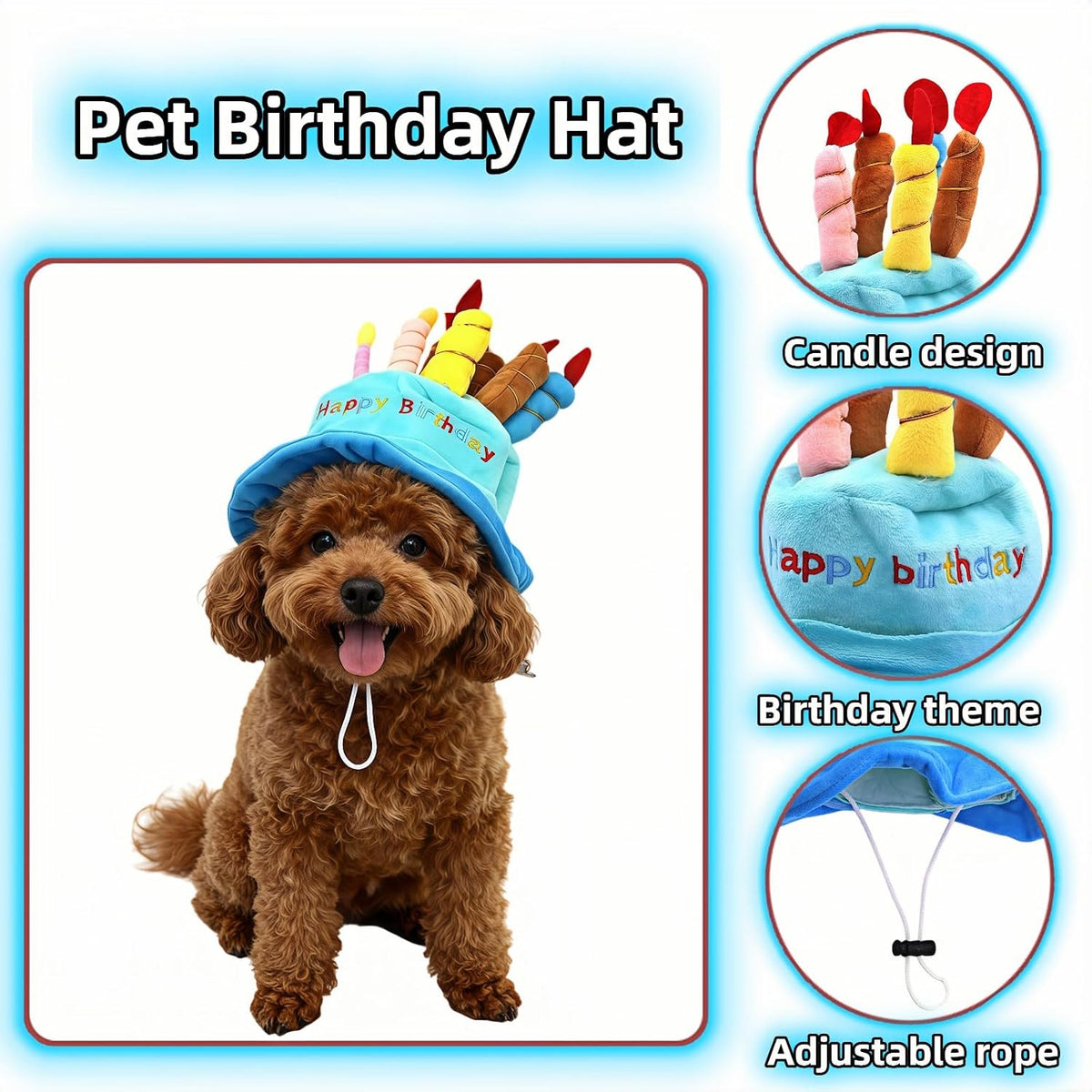 Top view of plush birthday cake hat with colorful candles