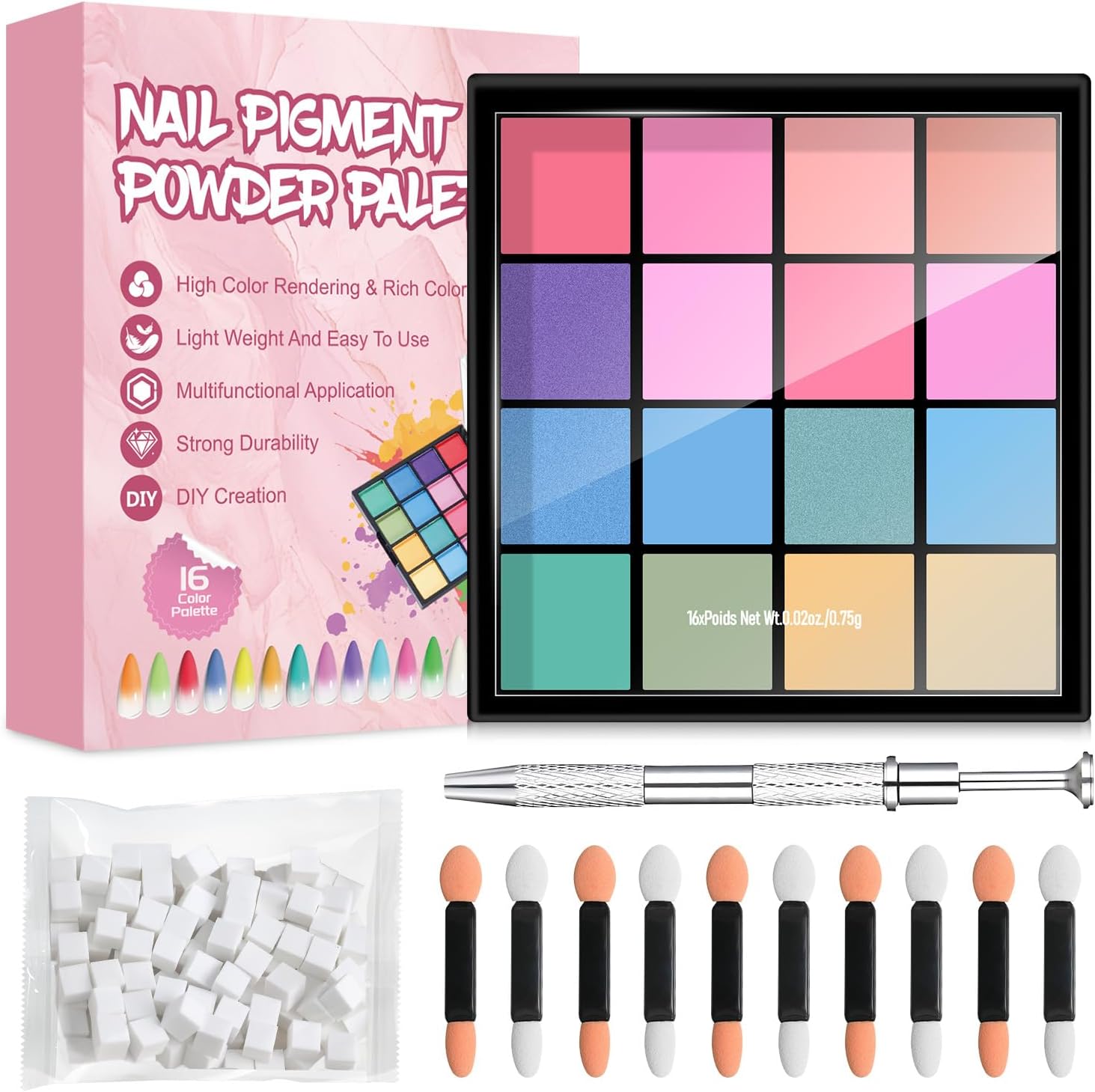 RM Beautynails 16 color pigment palette front view