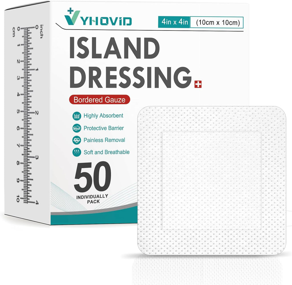 YHOVID island dressing bordered gauze 50 count box front view showing sterile packaging.