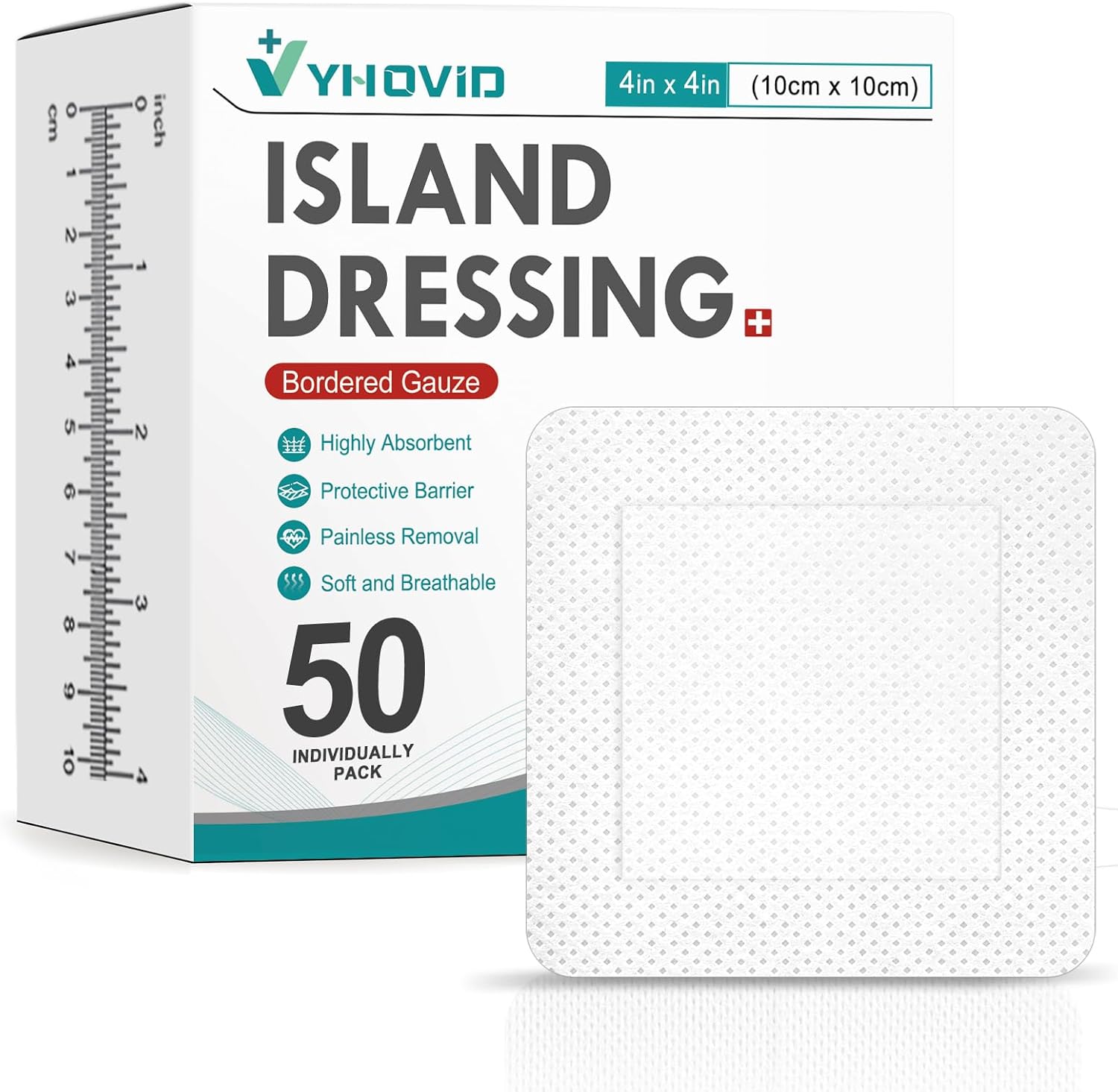 YHOVID island dressing bordered gauze 50 count box front view showing sterile packaging.