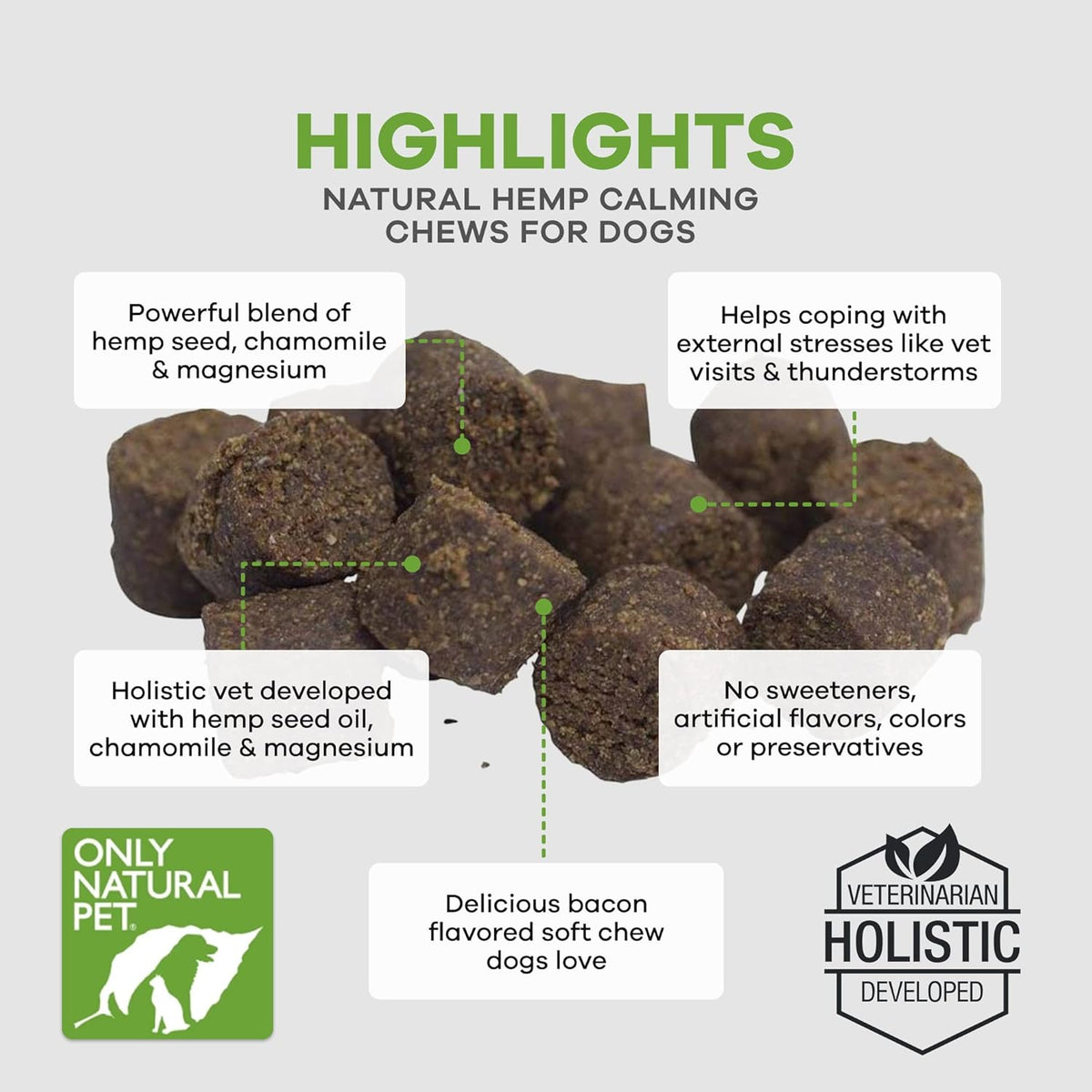USA imported natural calming supplements for dogs close up of chews