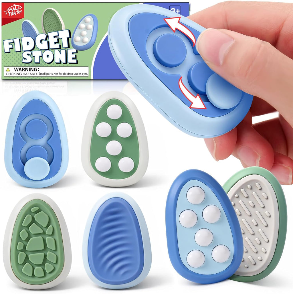 Small Fish Fidget Stone four pack front view showing blue green and white sensory tools for adult anxiety relief.