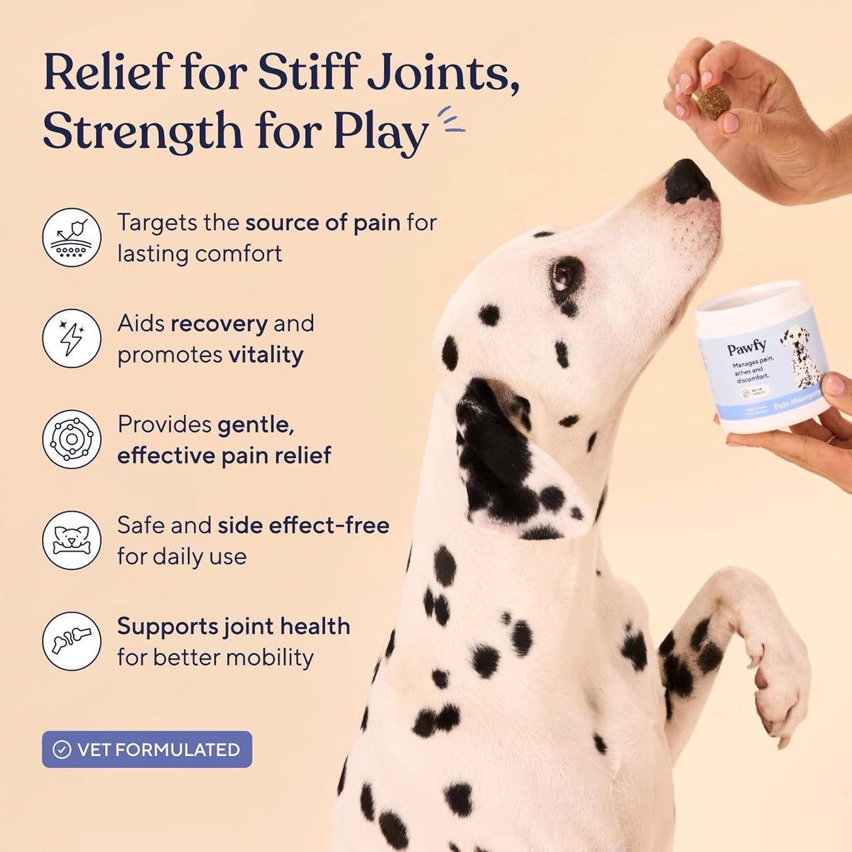 Pawfy dog pain relief bacon flavored chews showing label directions and key benefits.