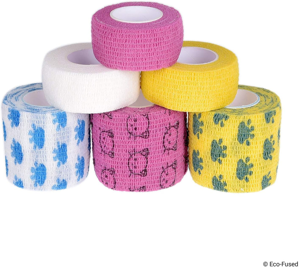 Eco-Fused pet injury wrap rolls arranged together