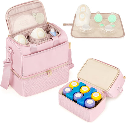 Fasrom wearable breast pump bag front view in pink quilted nylon fabric showcasing premium dual compartments