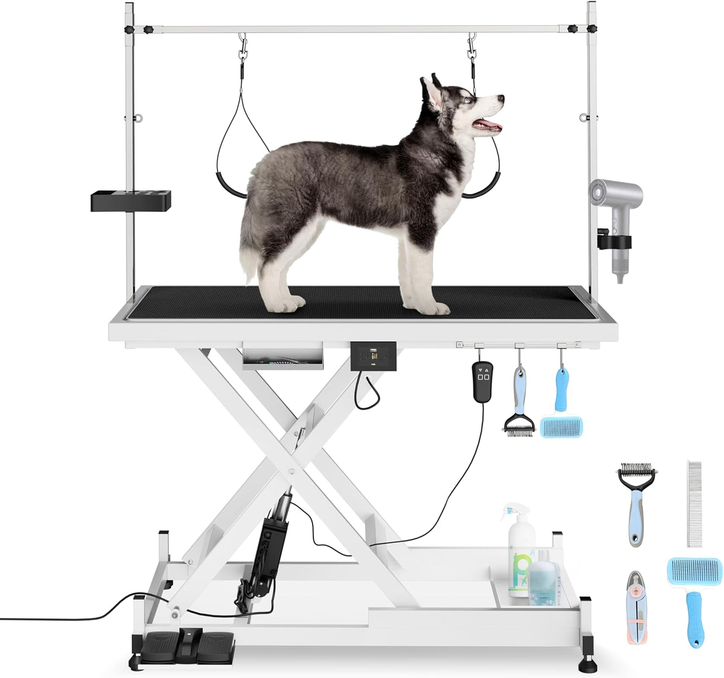 Hydraulic Dog Pet Grooming Table, 42 Inch Heavy Duty Professional Pet Grooming Station 21'' -36'' Height Adjustable for Large Dog at Home with Adjustable Overhead Arm, Clamp and Grooming Noose, Black - Image 13