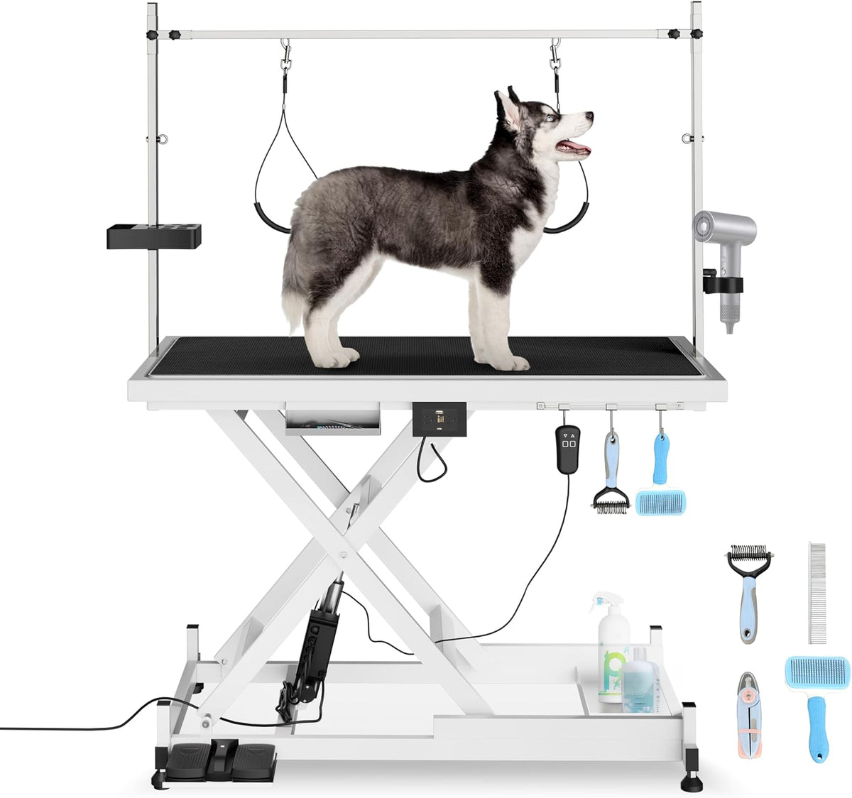 Hydraulic Dog Pet Grooming Table, 42 Inch Heavy Duty Professional Pet Grooming Station 21'' -36'' Height Adjustable for Large Dog at Home with Adjustable Overhead Arm, Clamp and Grooming Noose, Black - Image 13