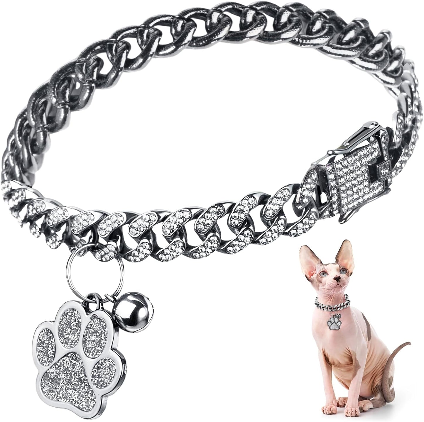 Hillban Cat Collar Diamond Chain Glitter Collar Walking Metal with Secure Buckle Cat Pet Necklace with Paw Charm and ID Tag Bell Link Cuban Jewelry Accessories Gift(10 Inch,Gold) - Image 9