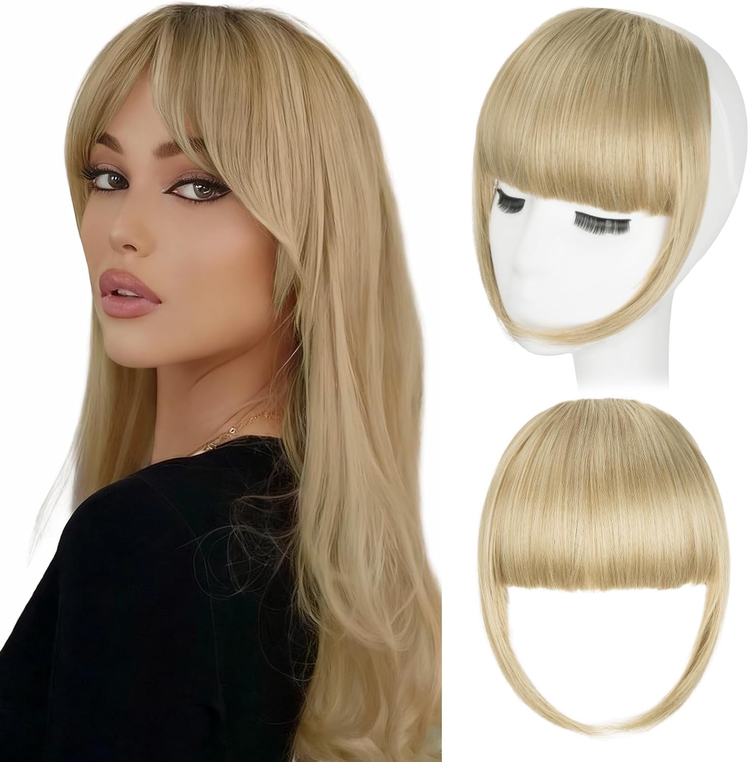 Flvaco synthetic french bangs hair clip front view ash blonde fringe