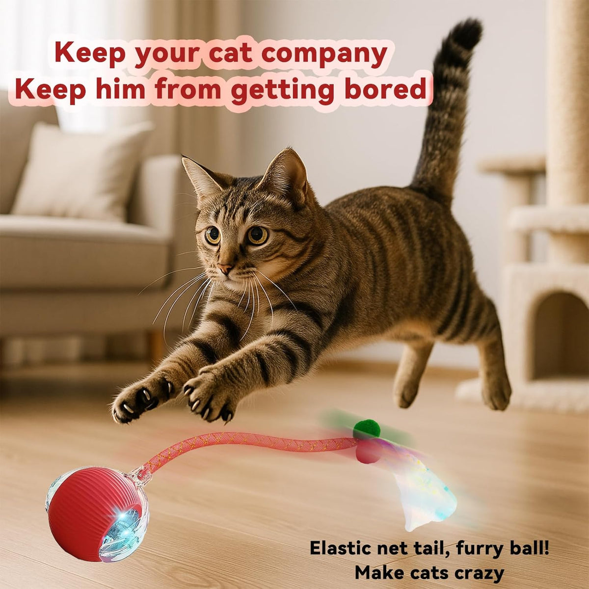Two electric cat balls with mesh tails in red and blue