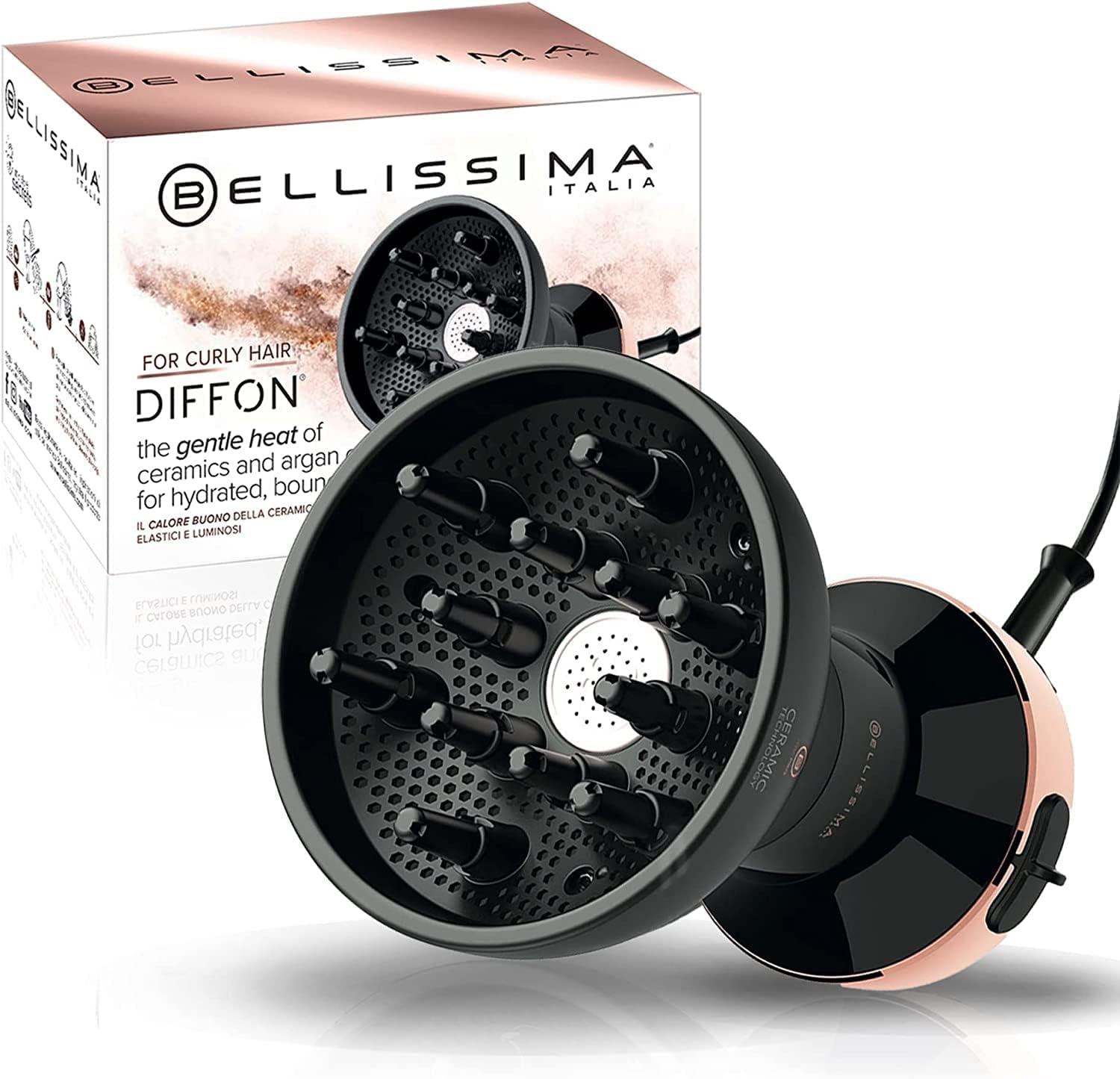 Bellissima Italia Diffon Ceramic Diffuser Hair Dryer front view showing the rose gold accents and integrated bowl.