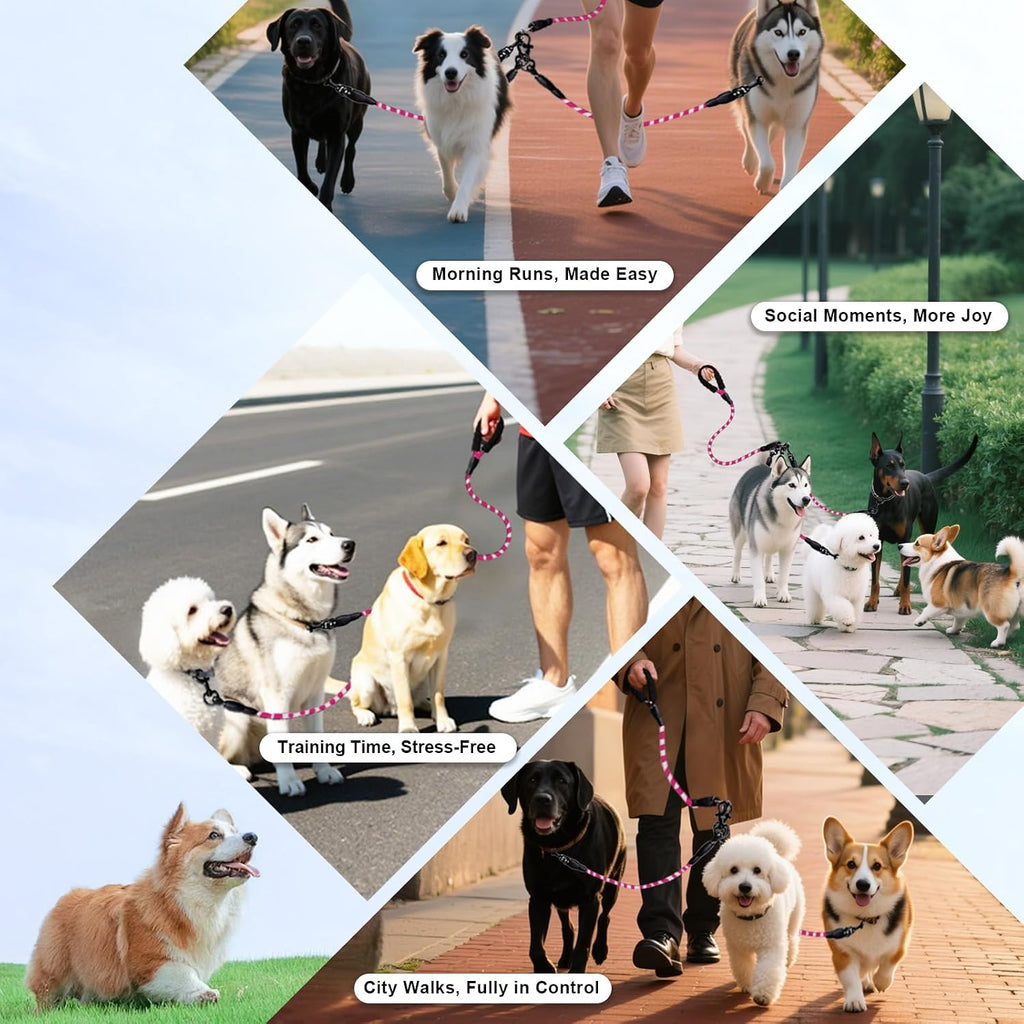 Full layout of the LEOSASA four point seventy six feet pink multi-dog rope lead.
