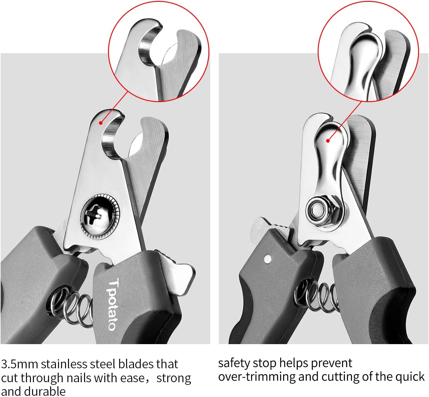 Side view of Tpotato pet nail trimmers showing stainless steel blades