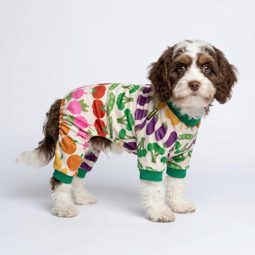 Fitwarm small breed puppy pajamas featuring broccoli and tomato graphics.