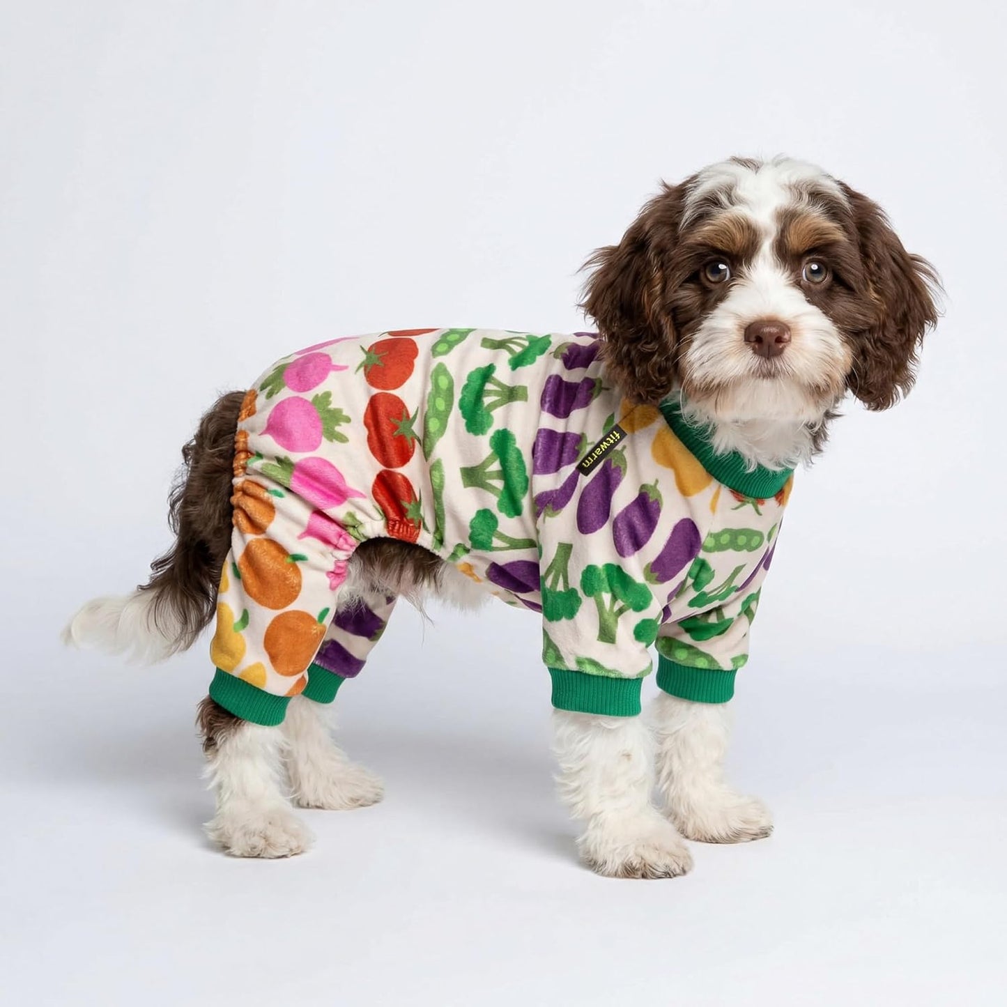 Fitwarm small breed puppy pajamas featuring broccoli and tomato graphics.