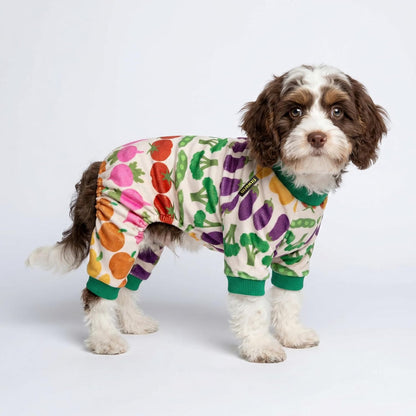 Fitwarm small breed puppy pajamas featuring broccoli and tomato graphics.