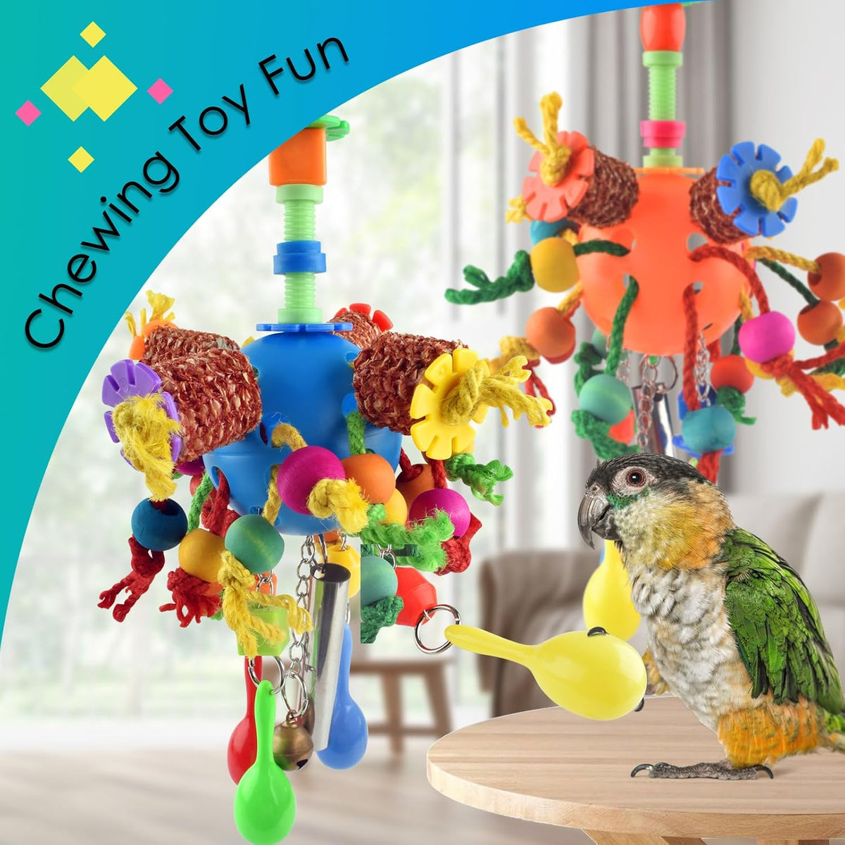 Katumo parakeet foraging toys featuring colorful wooden beads.